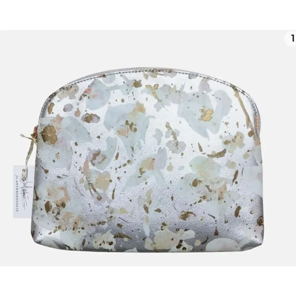 New Anthropologie Travel  Silver Speckled Holder Travel Zip Pouch Bag